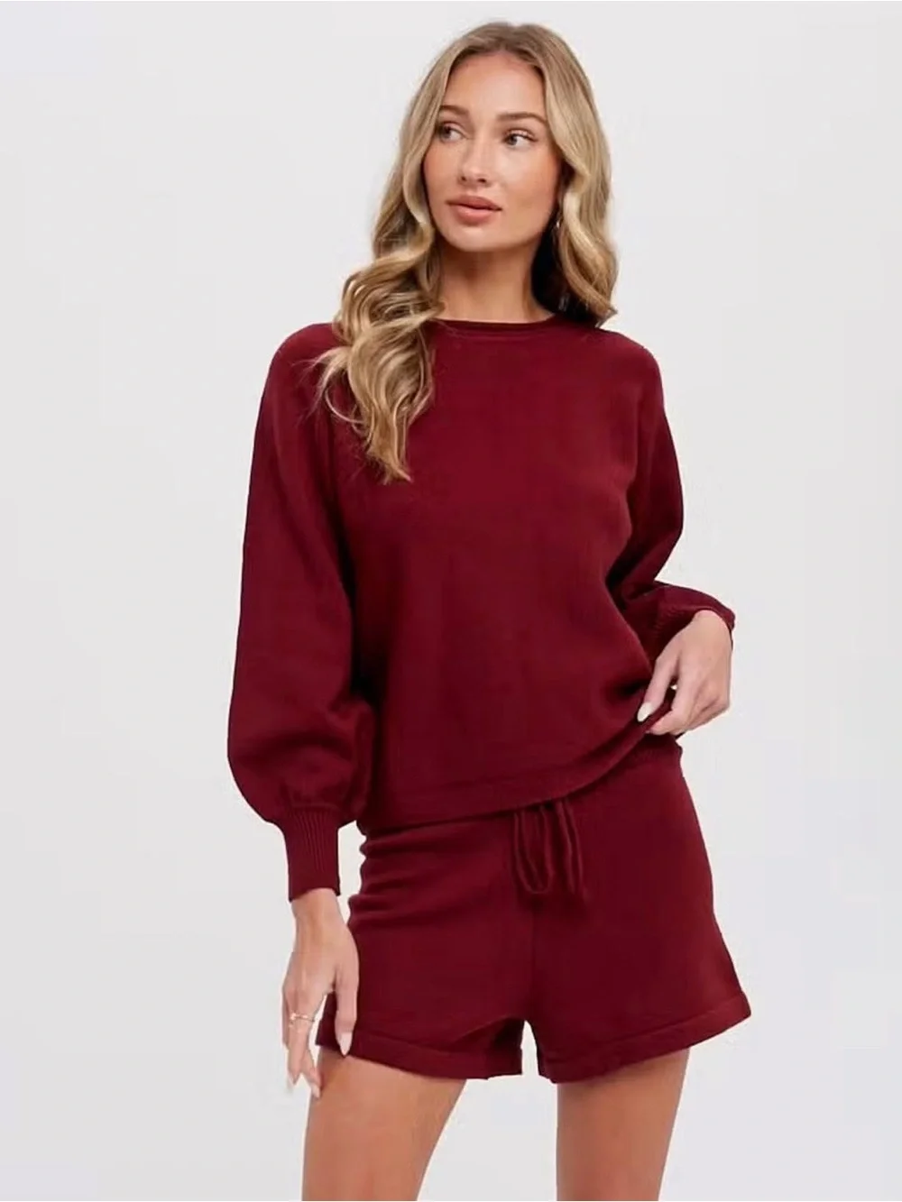 Cozy Two-Piece Knit Lounge Set in Deep Wine